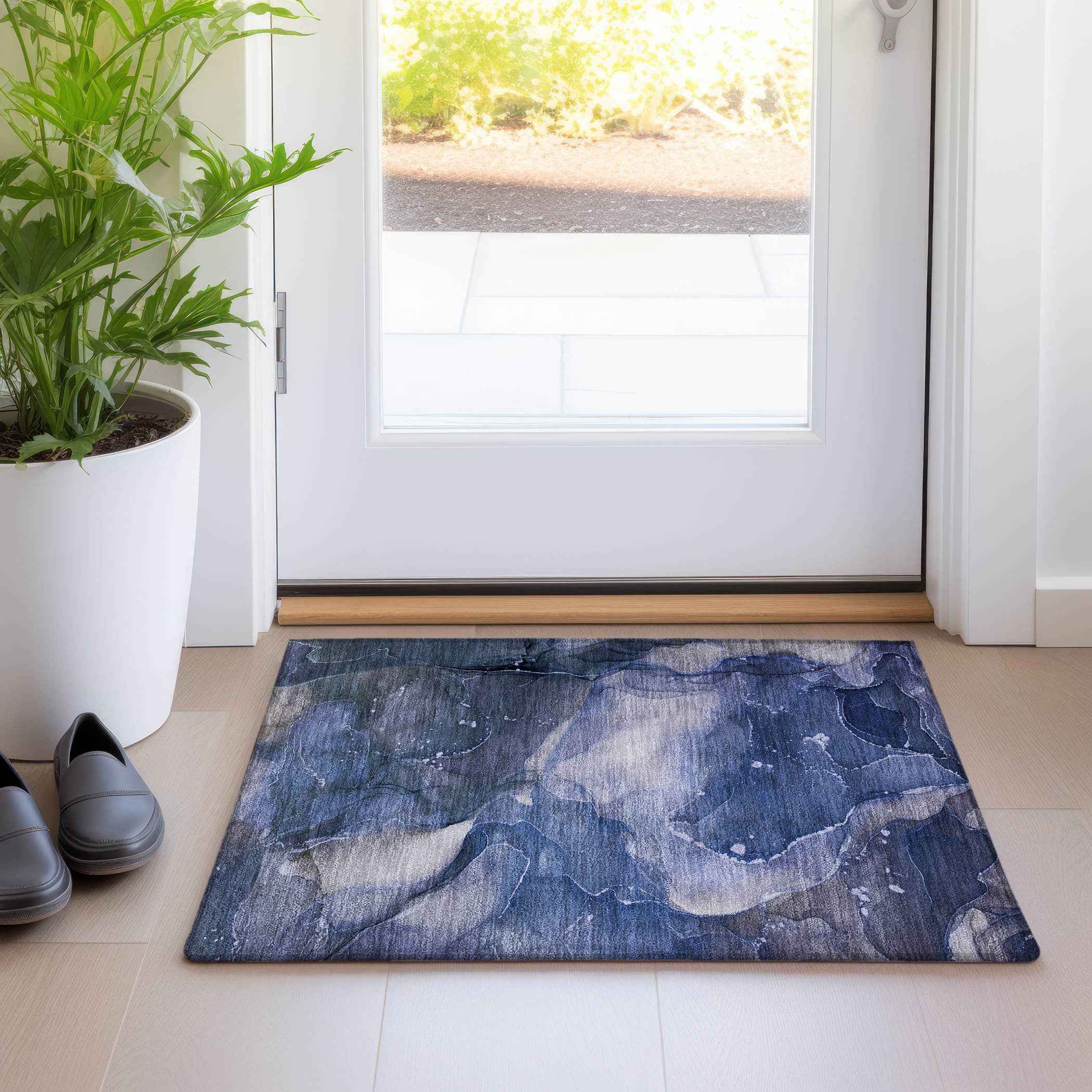 2' X 3' Blue Abstract Washable Non Skid Indoor Outdoor Area Rug