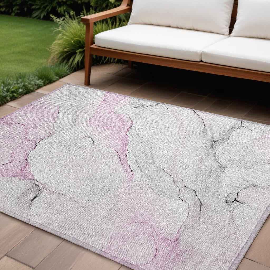 9' X 12' Gray and Pink Abstract Washable Non Skid Indoor Outdoor Area Rug