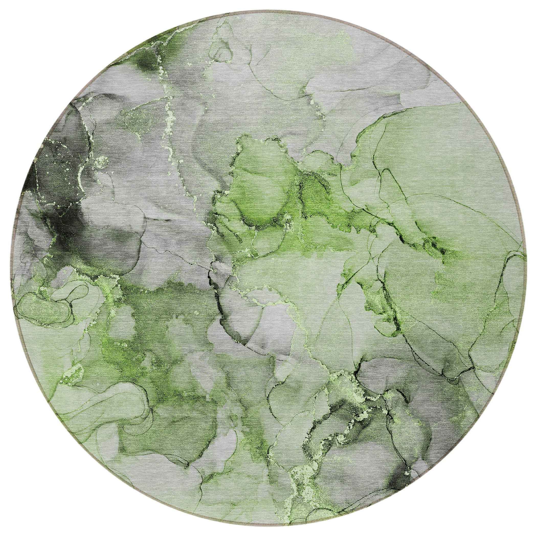 8' Round Green Round Abstract Washable Non Skid Indoor Outdoor Area Rug