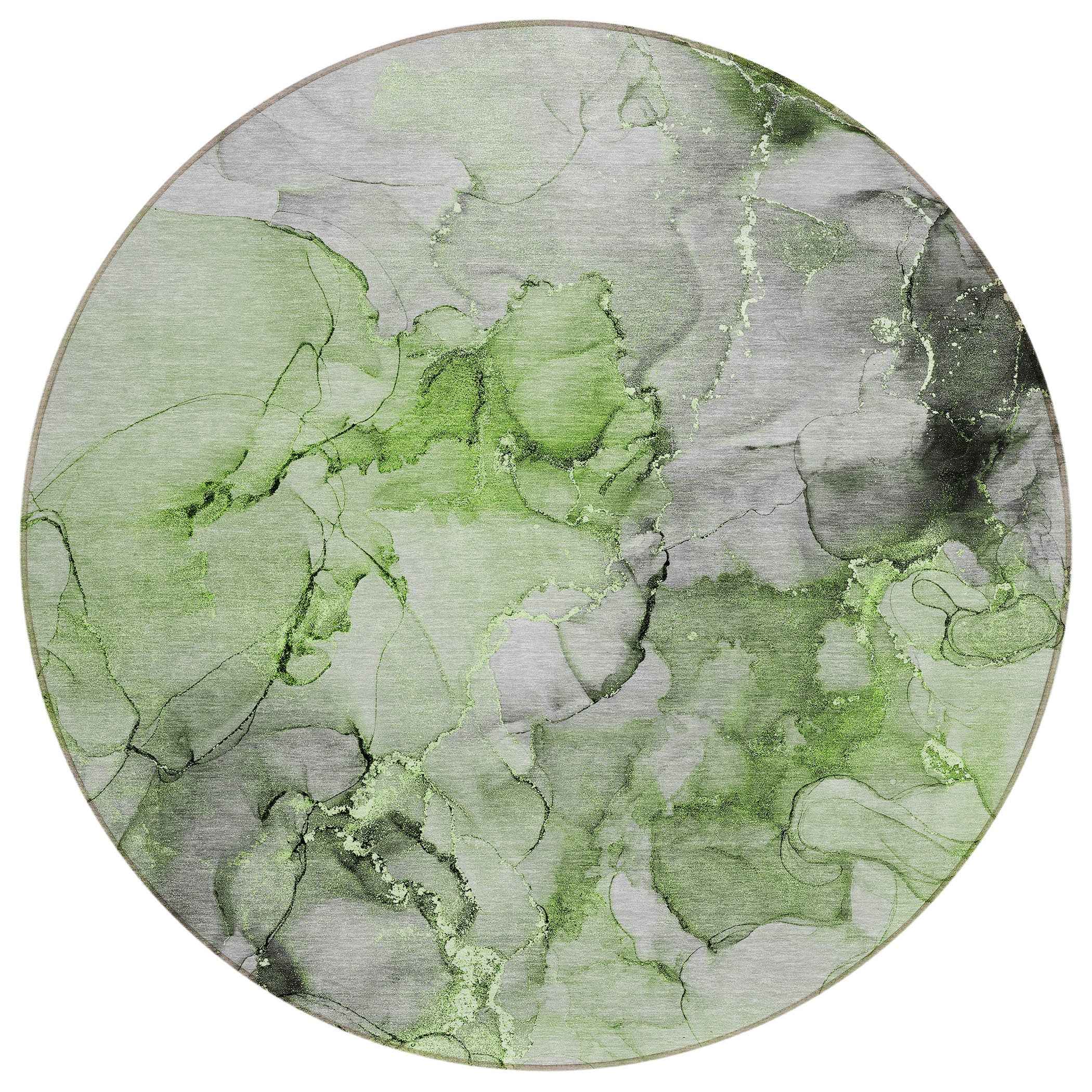 8' Round Green Round Abstract Washable Non Skid Indoor Outdoor Area Rug