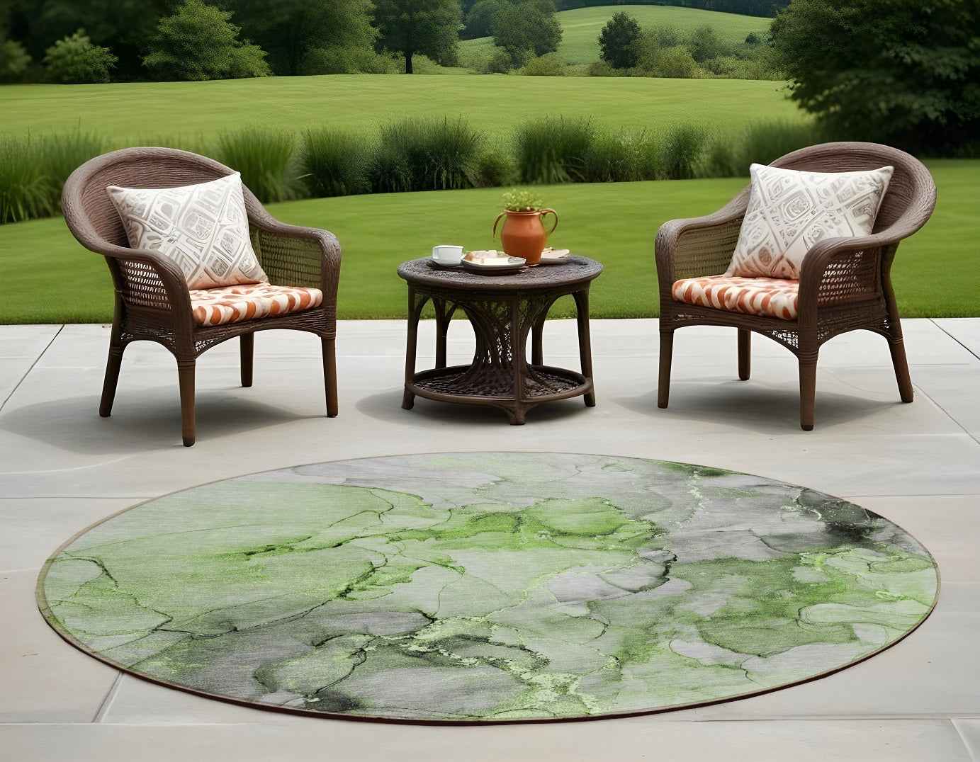 8' Round Green Round Abstract Washable Non Skid Indoor Outdoor Area Rug