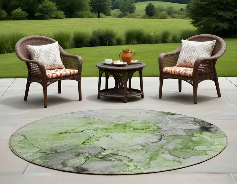 8' Round Green Round Abstract Washable Non Skid Indoor Outdoor Area Rug
