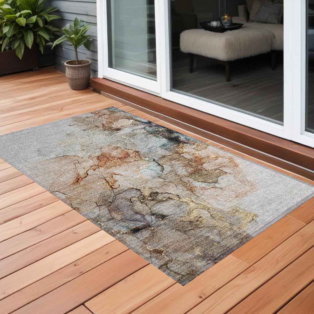 3' X 5' Beige Abstract Washable Non Skid Indoor Outdoor Area Rug