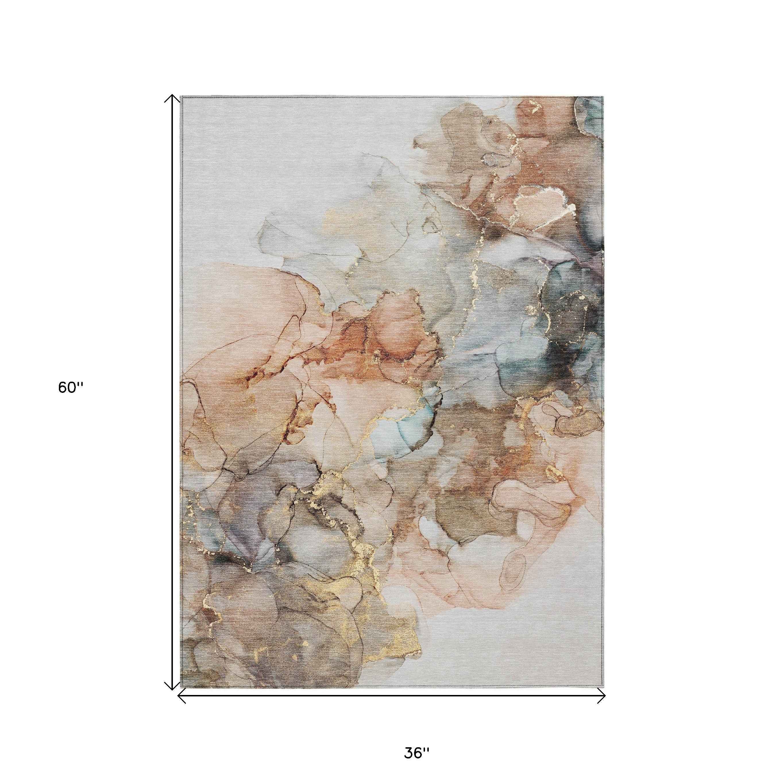 3' X 5' Beige Abstract Washable Non Skid Indoor Outdoor Area Rug