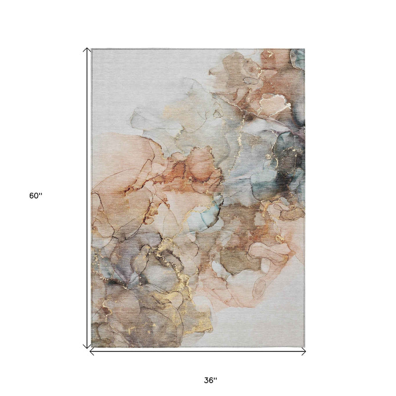 3' X 5' Beige Abstract Washable Non Skid Indoor Outdoor Area Rug