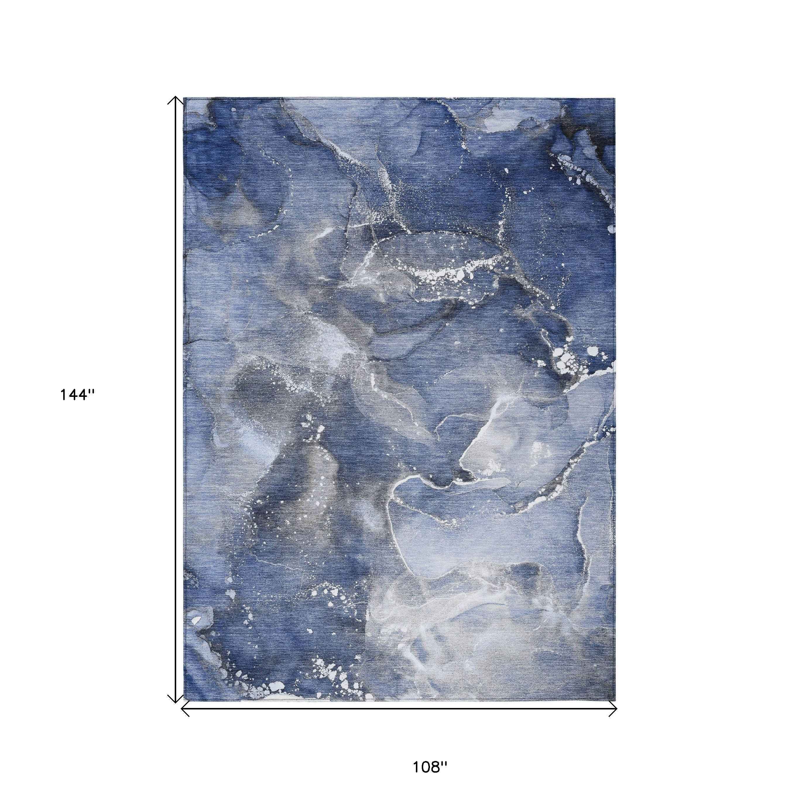 9' X 12' Blue and Gray Abstract Washable Non Skid Indoor Outdoor Area Rug