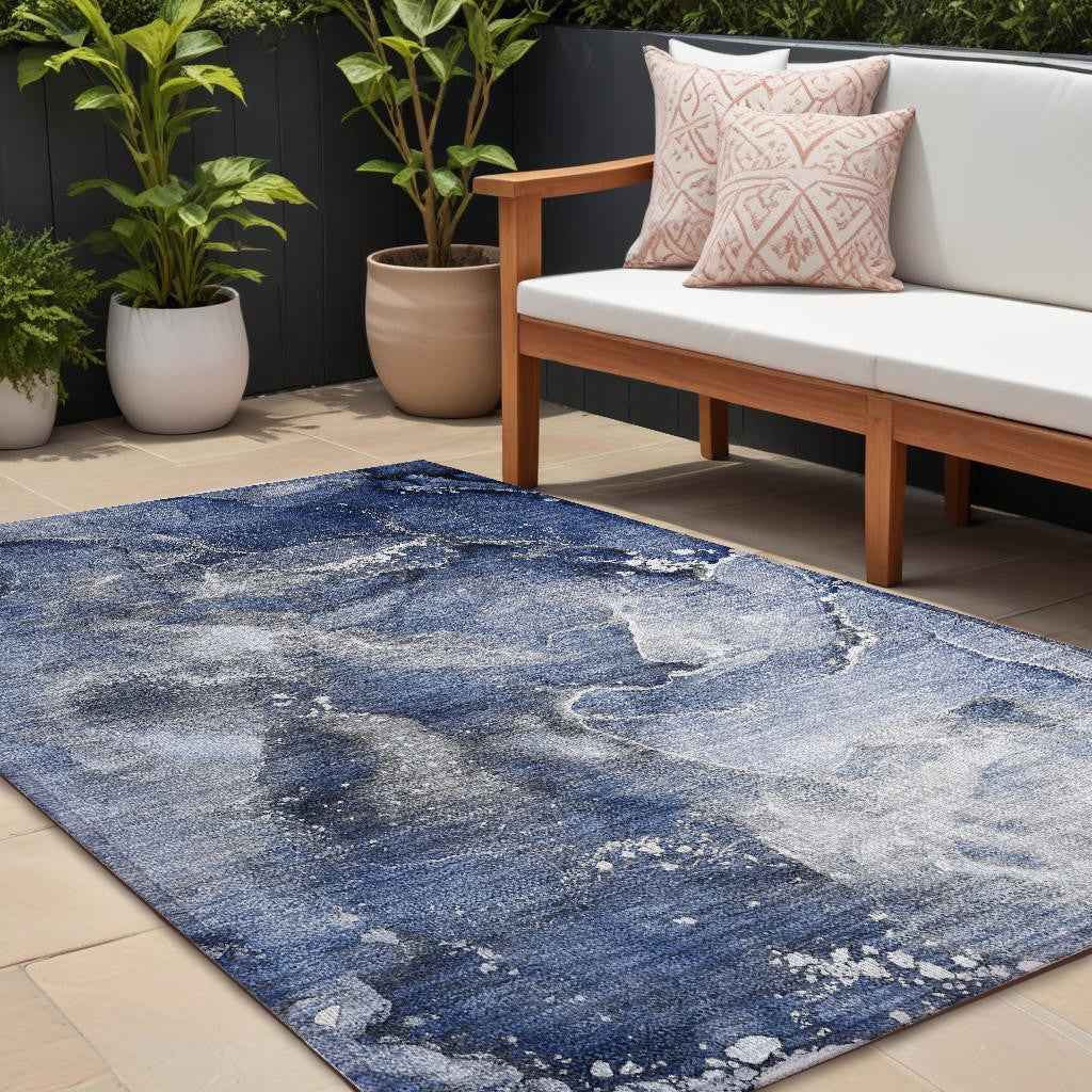 9' X 12' Blue and Gray Abstract Washable Non Skid Indoor Outdoor Area Rug