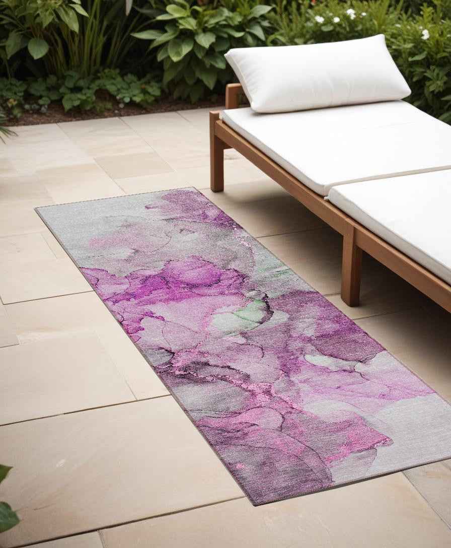 8' Runner Gray and Purple Abstract Washable Non Skid Indoor Outdoor Runner Rug