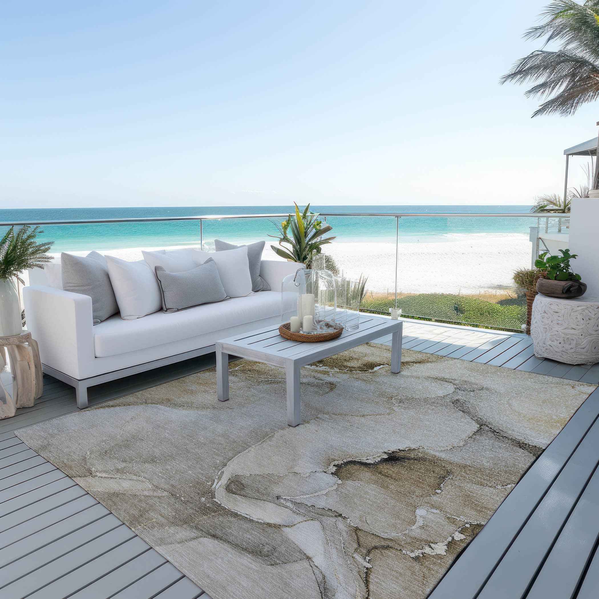 3' X 5' Beige and Brown Abstract Washable Indoor Outdoor Area Rug