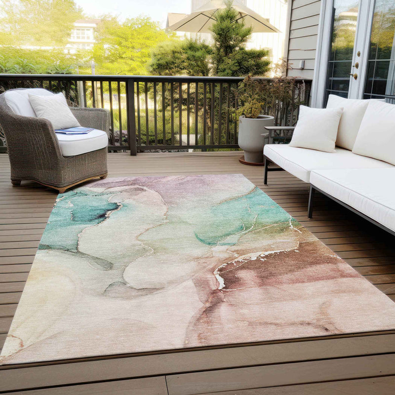 10' X 14' Teal Abstract Washable Non Skid Indoor Outdoor Area Rug