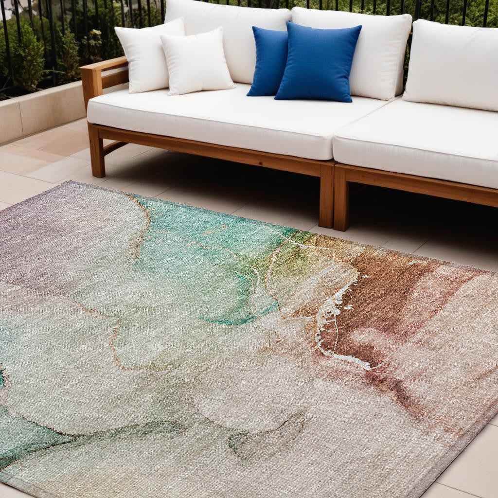 10' X 14' Teal Abstract Washable Non Skid Indoor Outdoor Area Rug