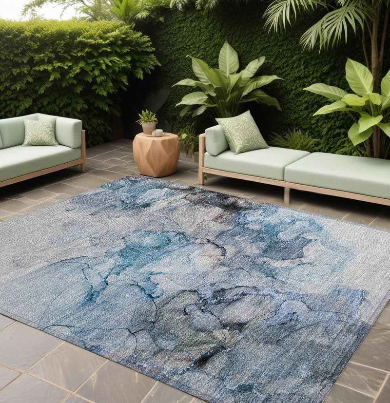 8' X 10' Blue and Gray Abstract Washable Non Skid Indoor Outdoor Area Rug