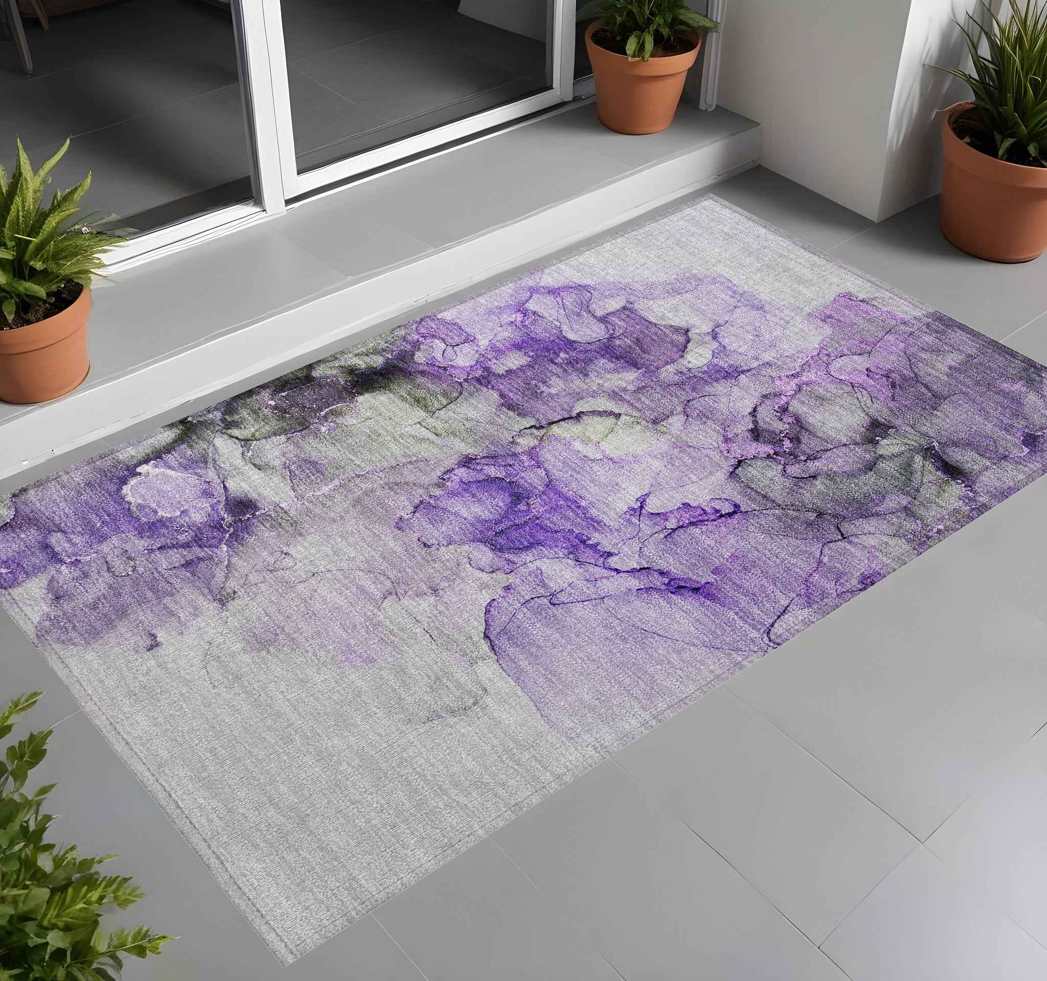 3' X 5' Purple Abstract Washable Non Skid Indoor Outdoor Area Rug