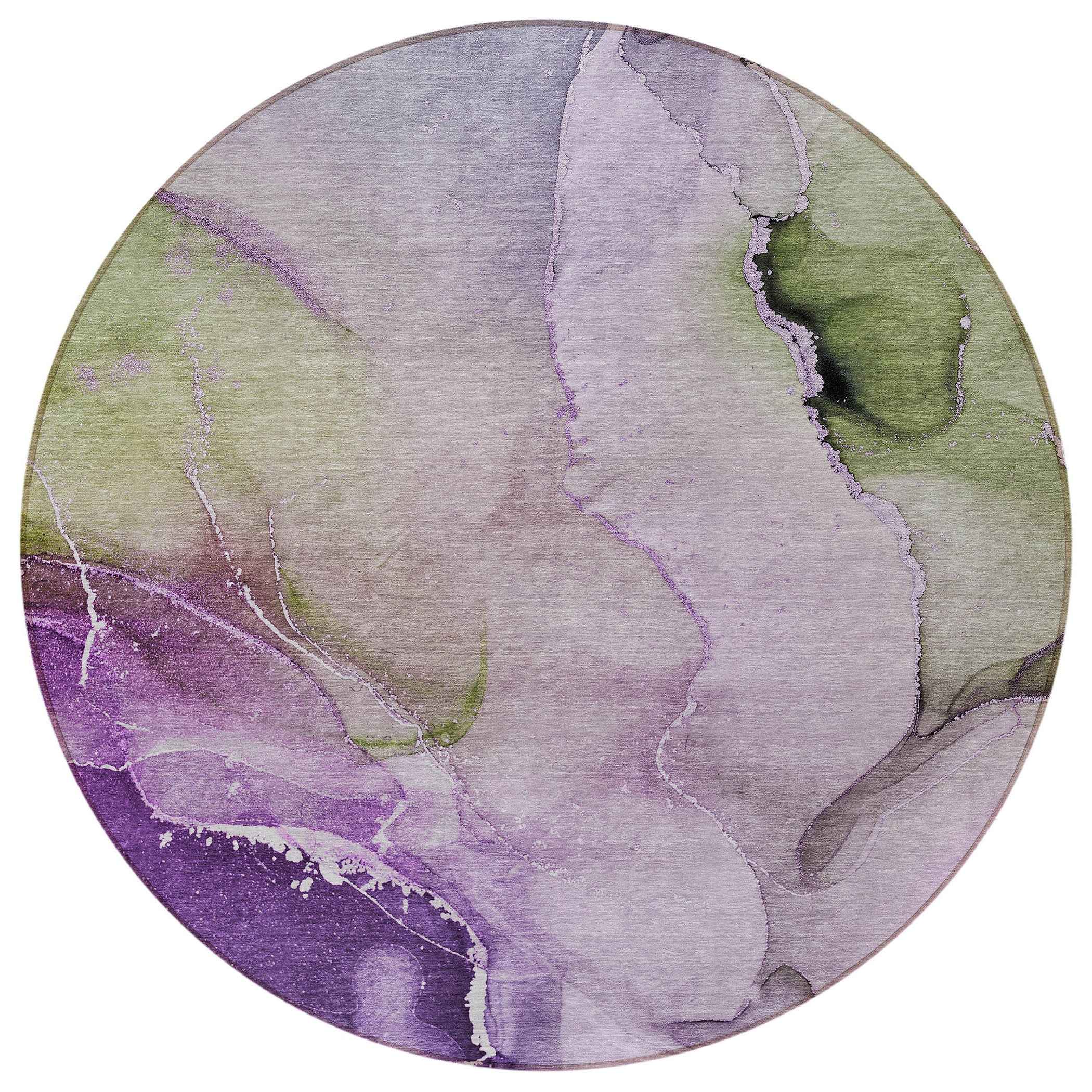 8' Round Purple Round Abstract Washable Non Skid Indoor Outdoor Area Rug