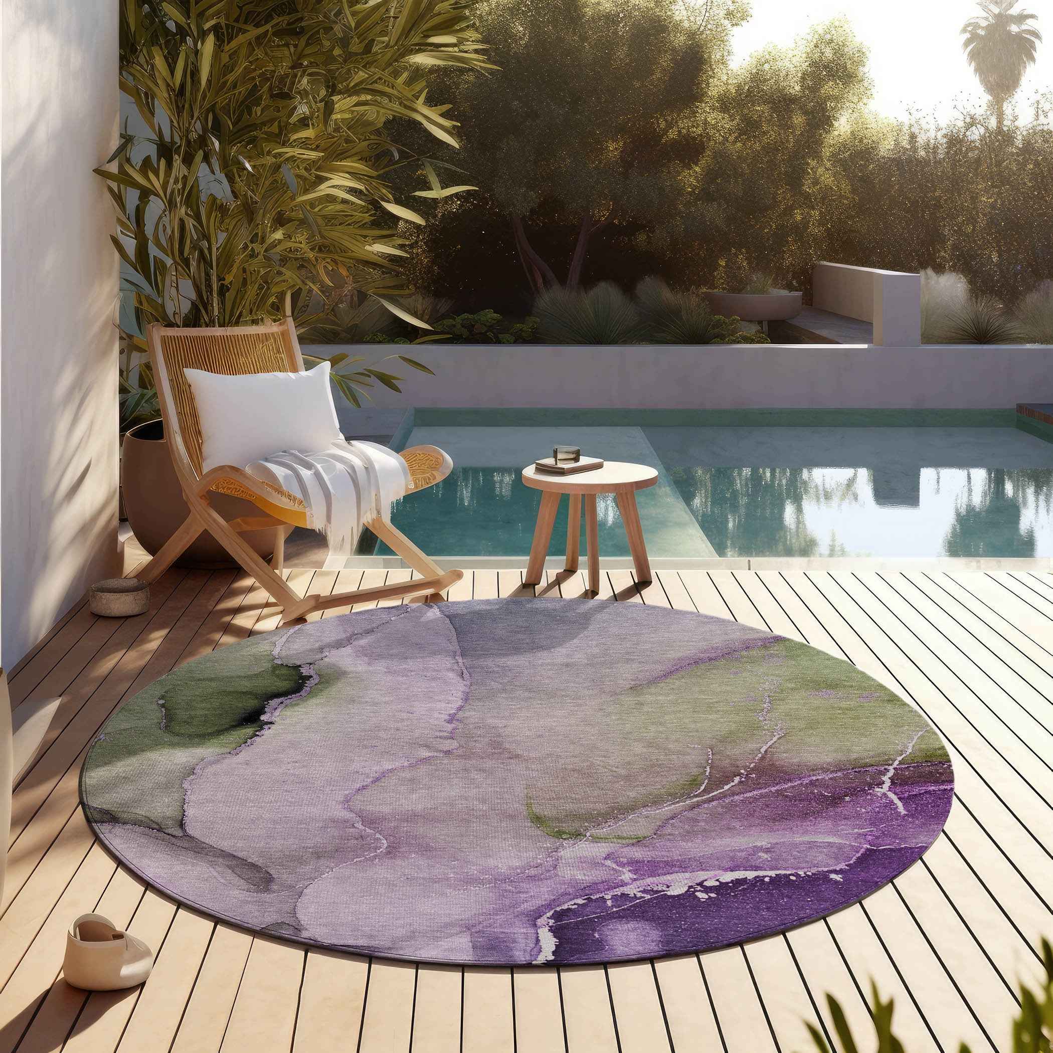 8' Round Purple Round Abstract Washable Non Skid Indoor Outdoor Area Rug