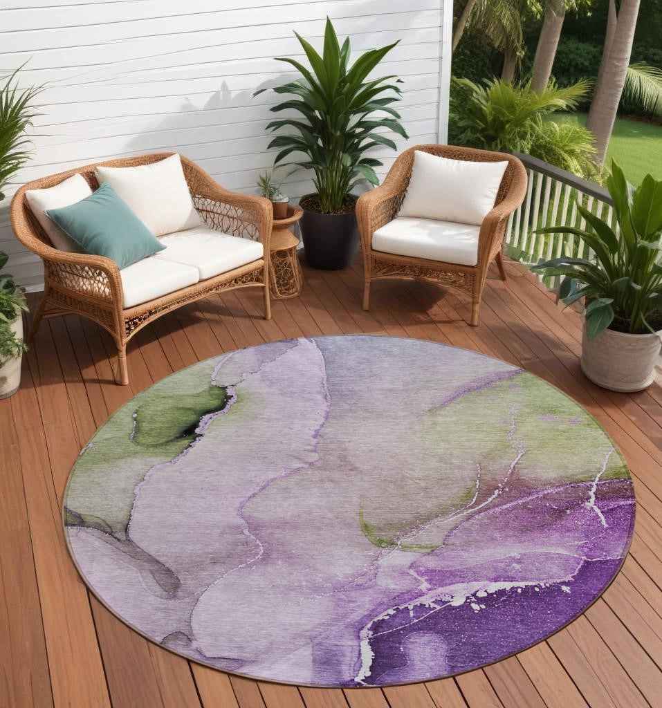 8' Round Purple Round Abstract Washable Non Skid Indoor Outdoor Area Rug