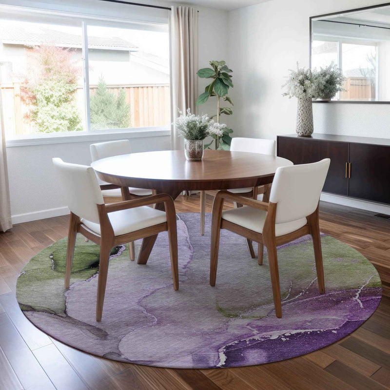 8' Round Purple Round Abstract Washable Non Skid Indoor Outdoor Area Rug