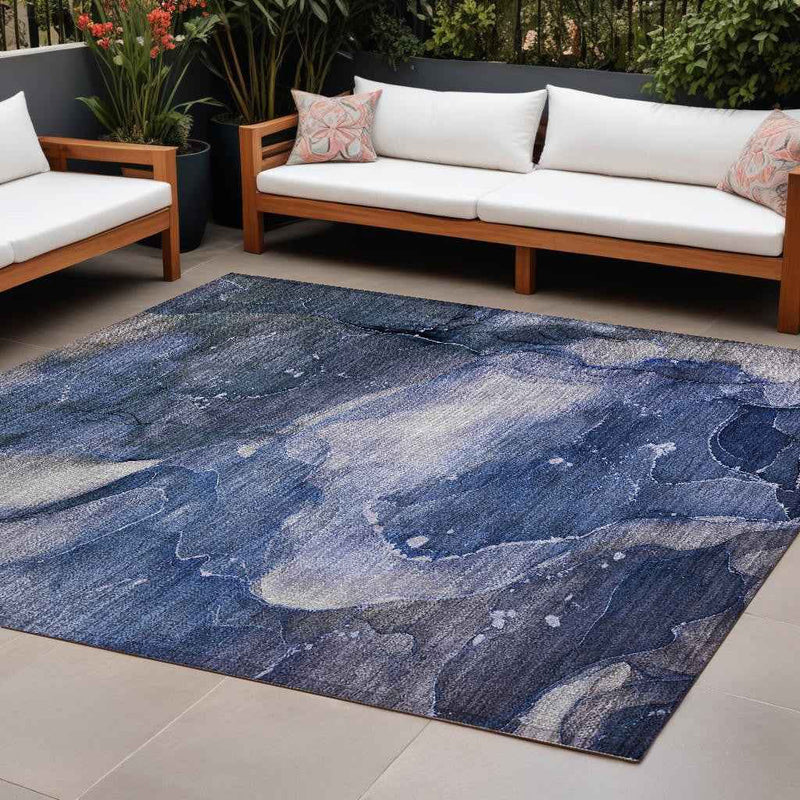 8' X 10' Blue Abstract Washable Non Skid Indoor Outdoor Area Rug