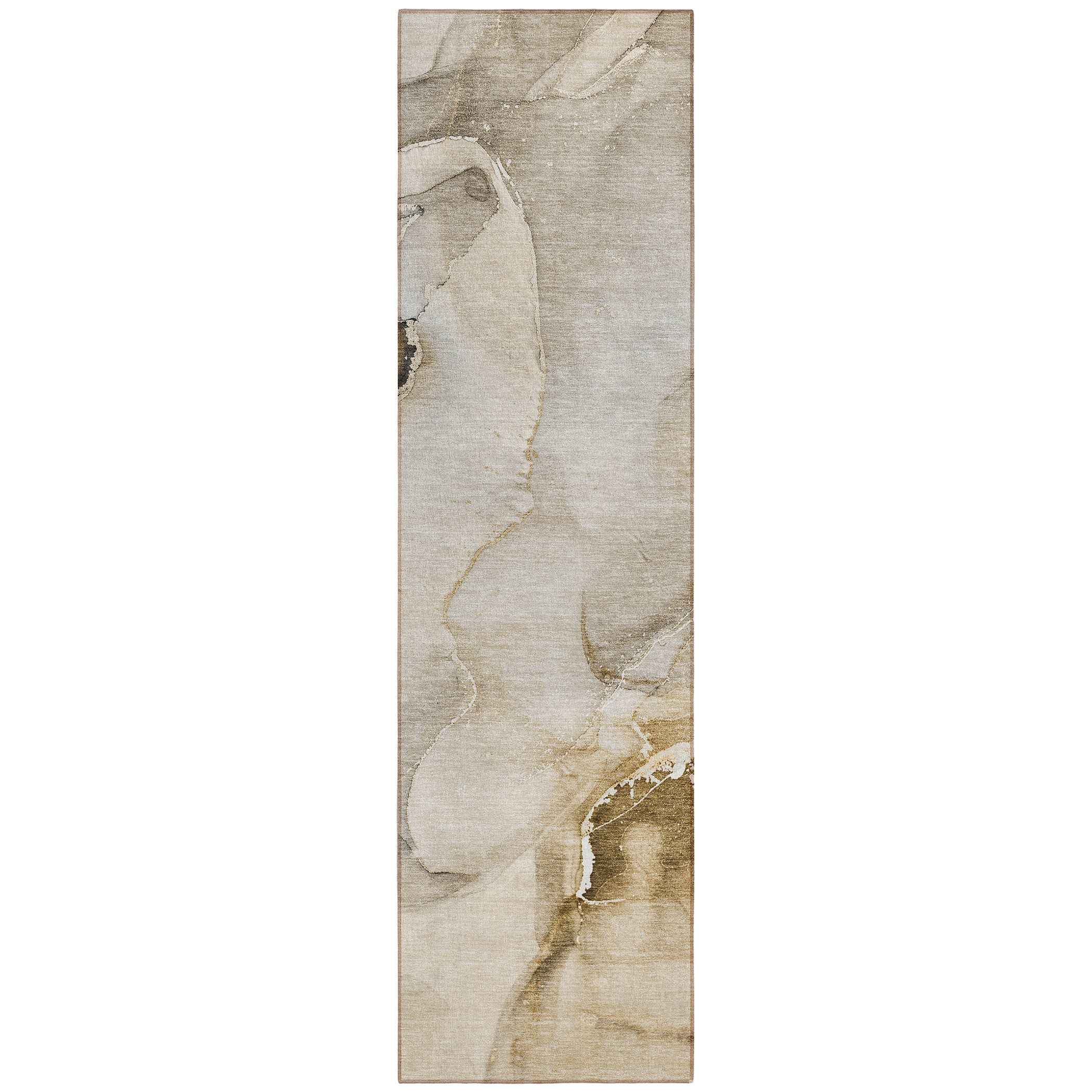 2' X 8' Beige and Brown Abstract Washable Indoor Outdoor Runner Rug