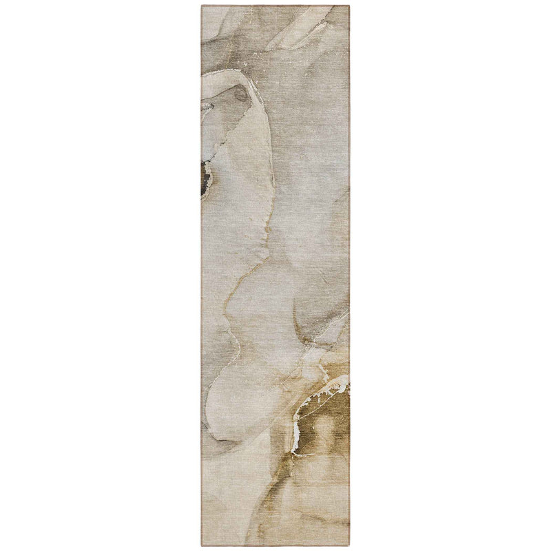 2' X 8' Beige and Brown Abstract Washable Indoor Outdoor Runner Rug