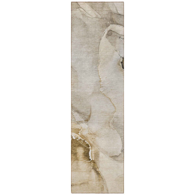 2' X 8' Beige and Brown Abstract Washable Indoor Outdoor Runner Rug