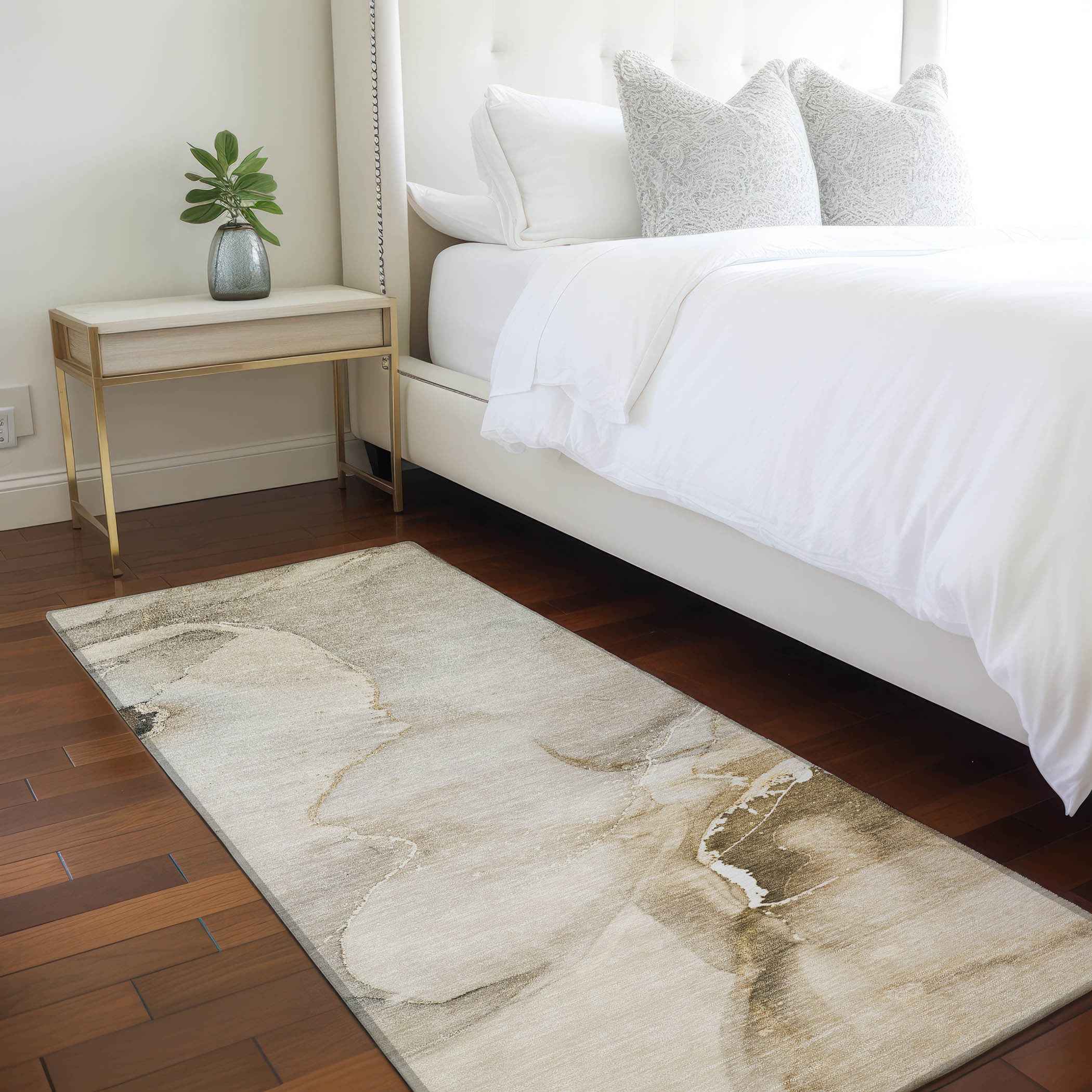 2' X 8' Beige and Brown Abstract Washable Indoor Outdoor Runner Rug