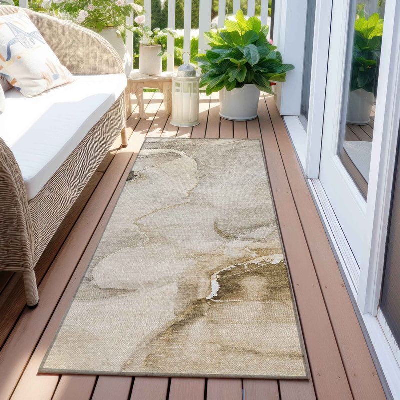 2' X 8' Beige and Brown Abstract Washable Indoor Outdoor Runner Rug