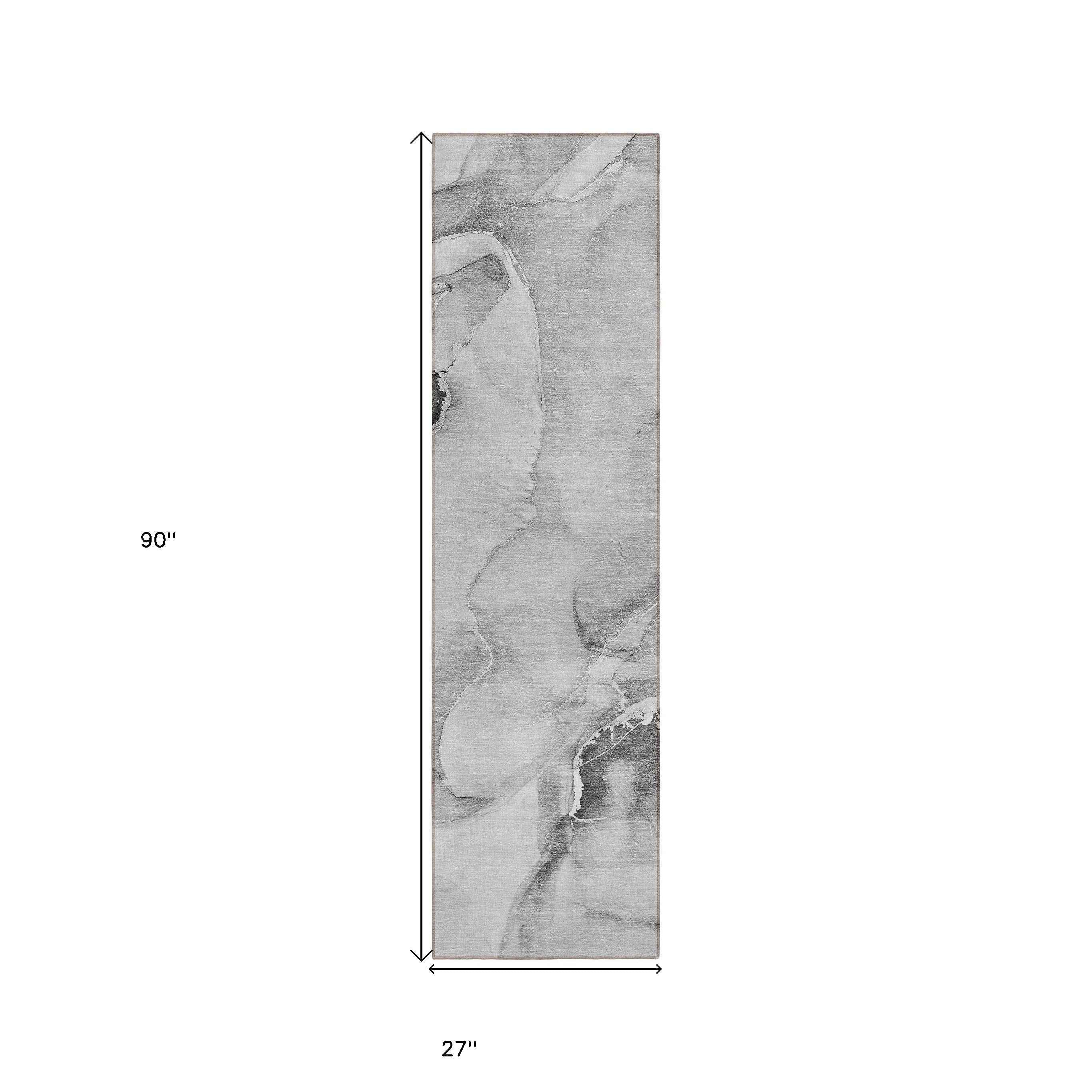 8' Runner Gray and Ivory Abstract Washable Non Skid Indoor Outdoor Runner Rug