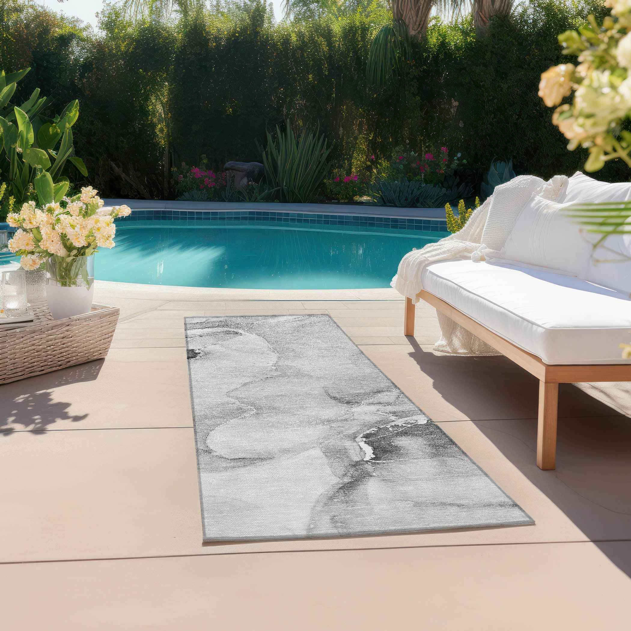 8' Runner Gray and Ivory Abstract Washable Non Skid Indoor Outdoor Runner Rug