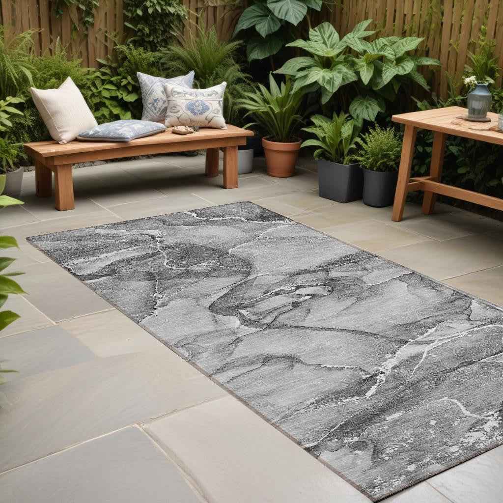8' Runner Gray and Ivory Abstract Washable Non Skid Indoor Outdoor Runner Rug