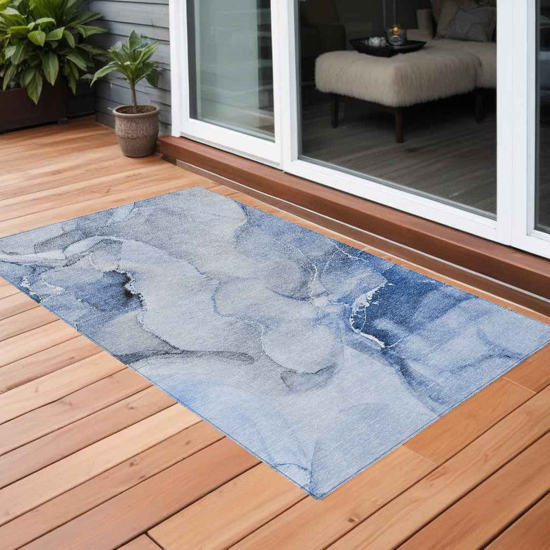 3' X 5' Blue and Gray Abstract Washable Non Skid Indoor Outdoor Area Rug