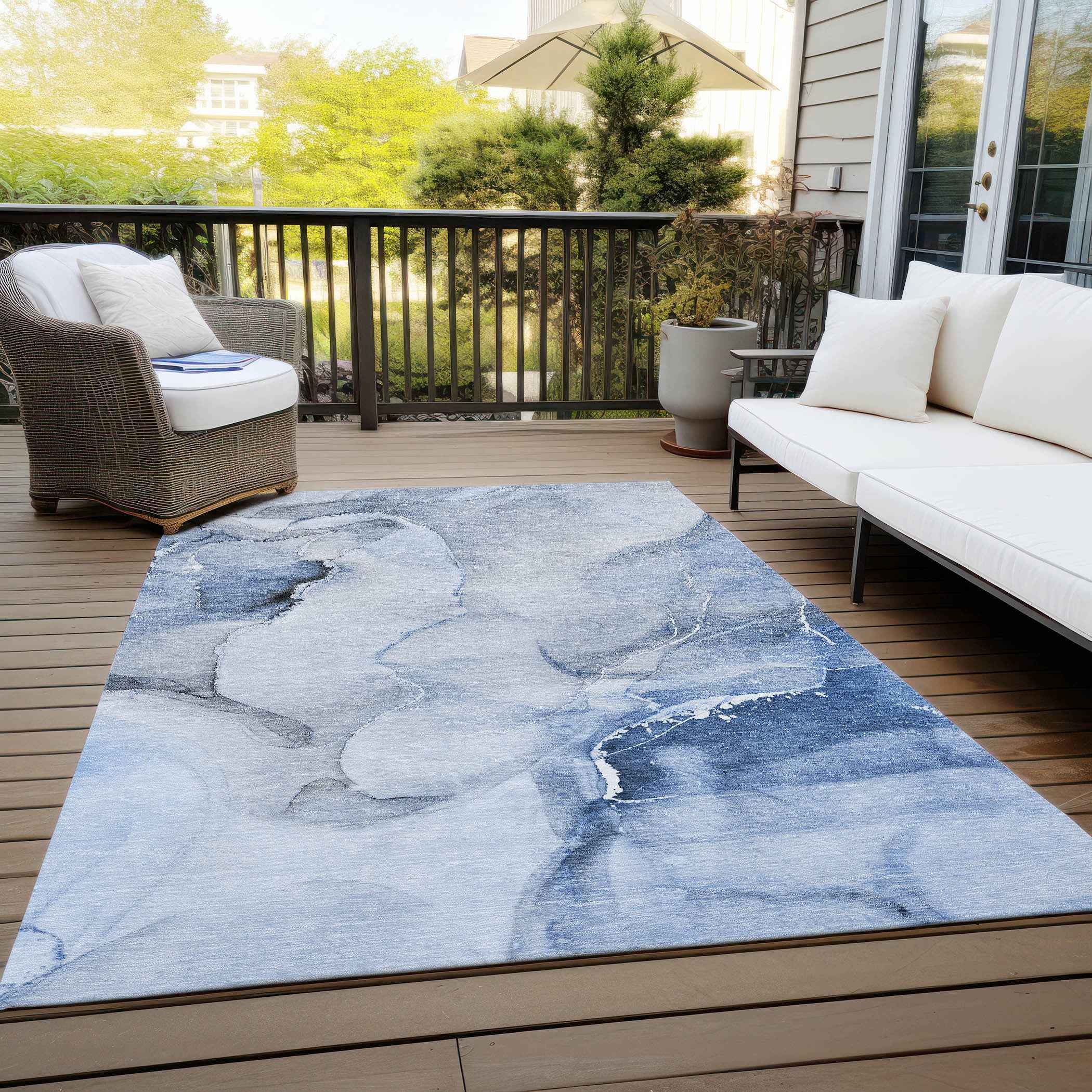 3' X 5' Blue and Gray Abstract Washable Non Skid Indoor Outdoor Area Rug