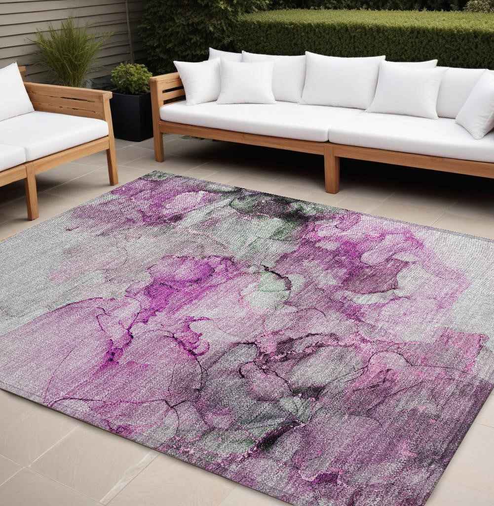 9' X 12' Gray and Purple Abstract Washable Non Skid Indoor Outdoor Area Rug