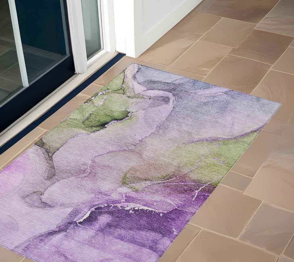3' X 5' Purple Abstract Washable Non Skid Indoor Outdoor Area Rug