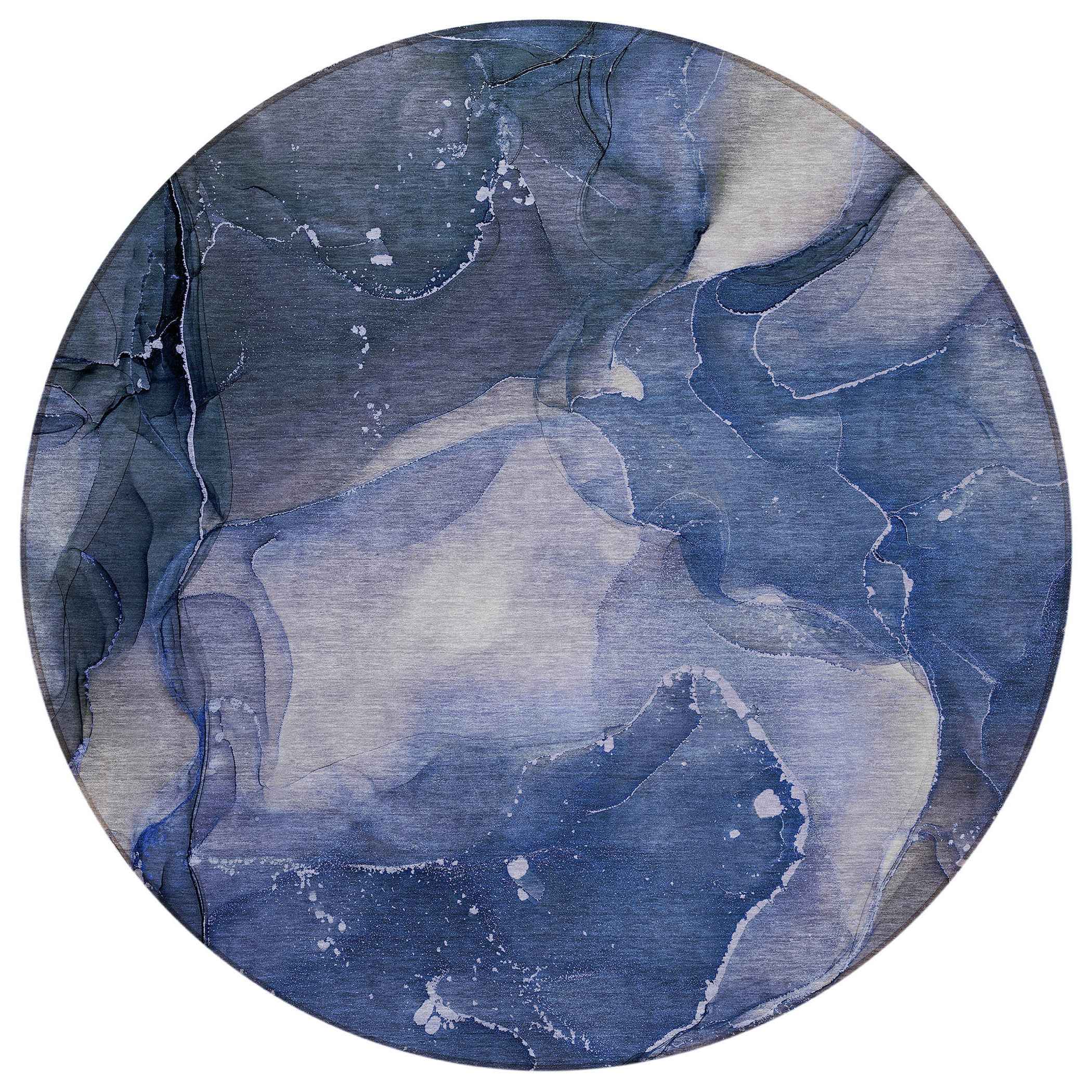 8' Round Blue Round Abstract Washable Non Skid Indoor Outdoor Area Rug