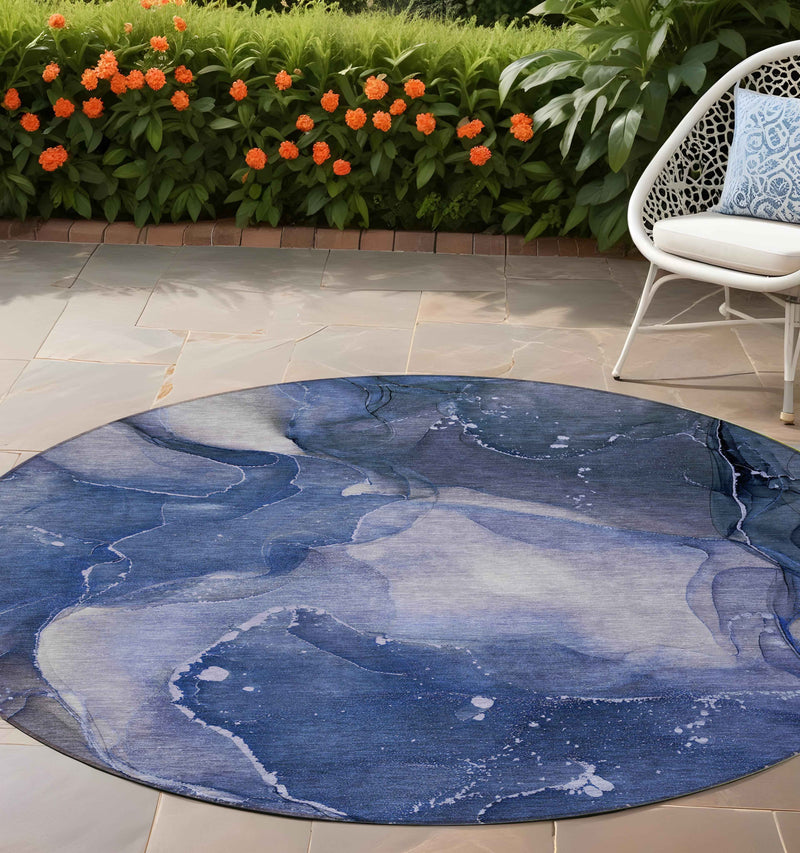 8' Round Blue Round Abstract Washable Non Skid Indoor Outdoor Area Rug