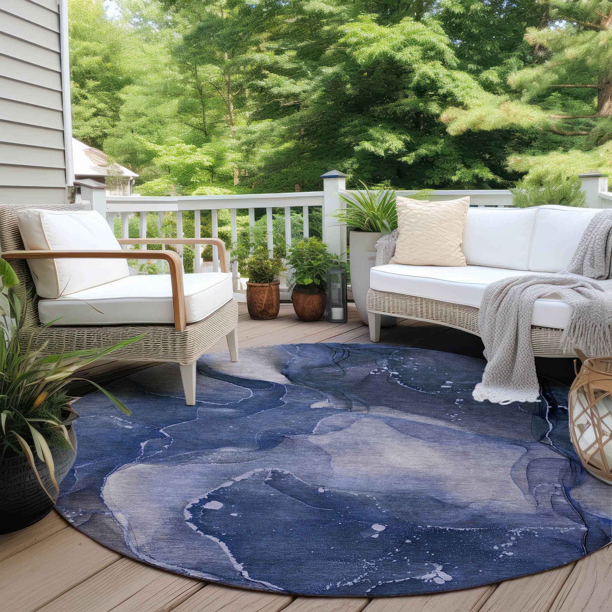 8' Round Blue Round Abstract Washable Non Skid Indoor Outdoor Area Rug