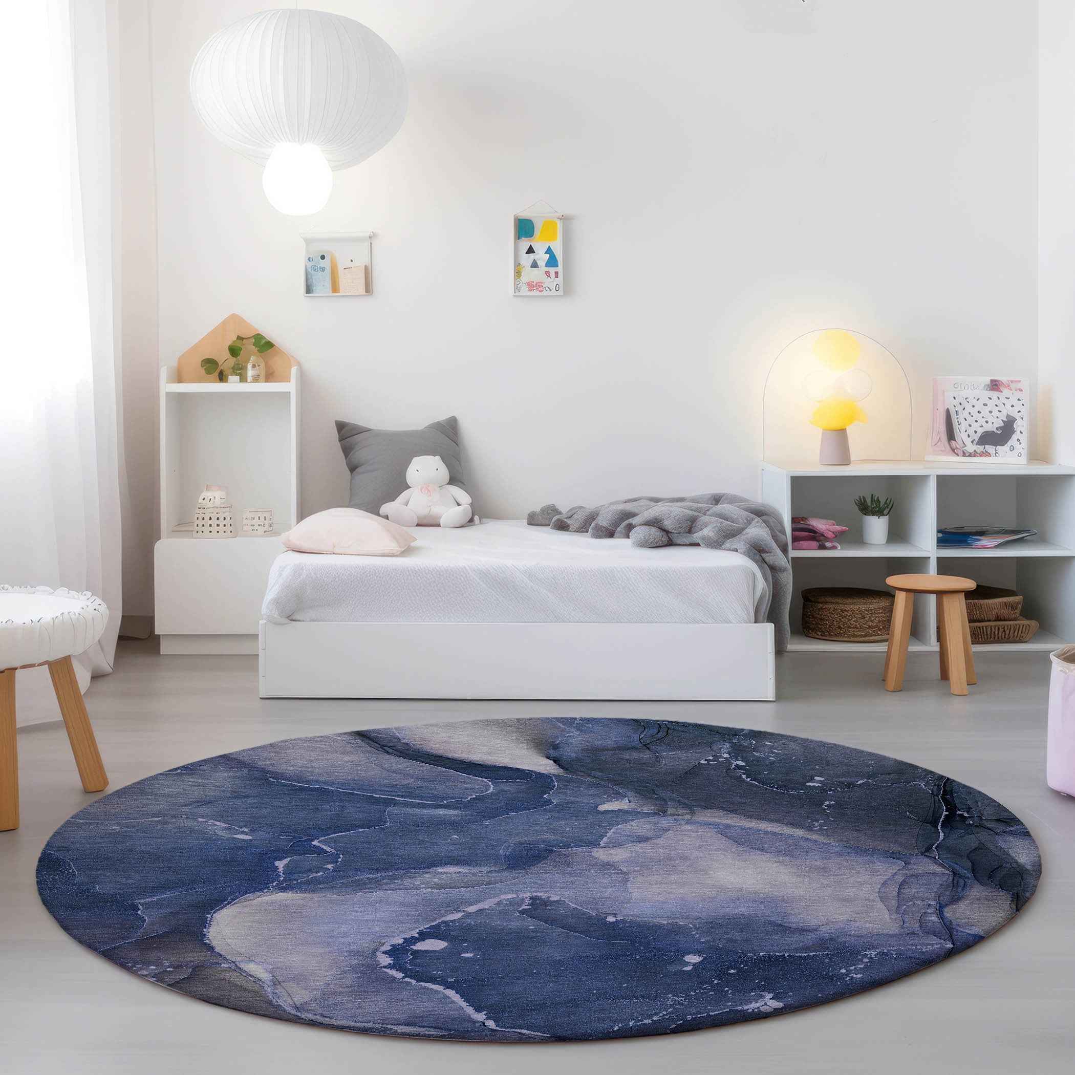 8' Round Blue Round Abstract Washable Non Skid Indoor Outdoor Area Rug