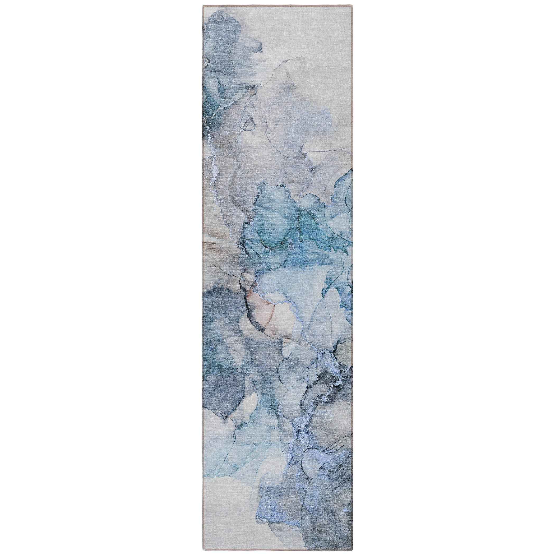 8' Runner Blue and Gray Abstract Washable Non Skid Indoor Outdoor Runner Rug