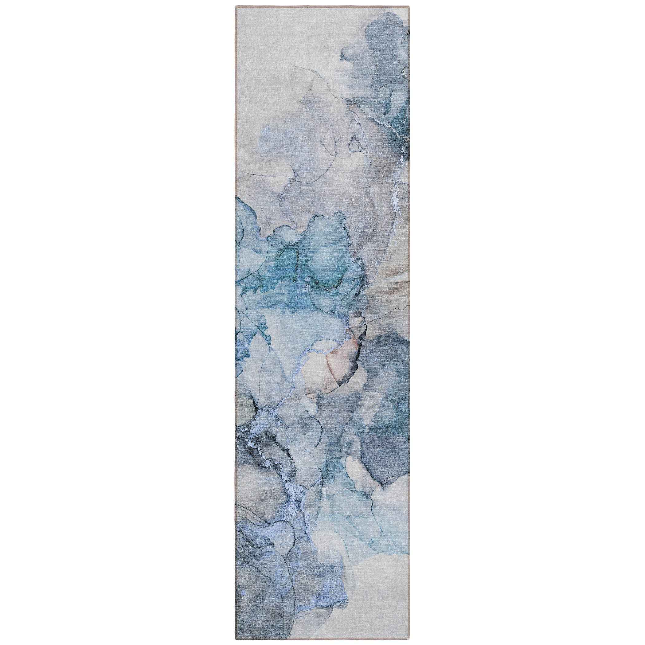 8' Runner Blue and Gray Abstract Washable Non Skid Indoor Outdoor Runner Rug