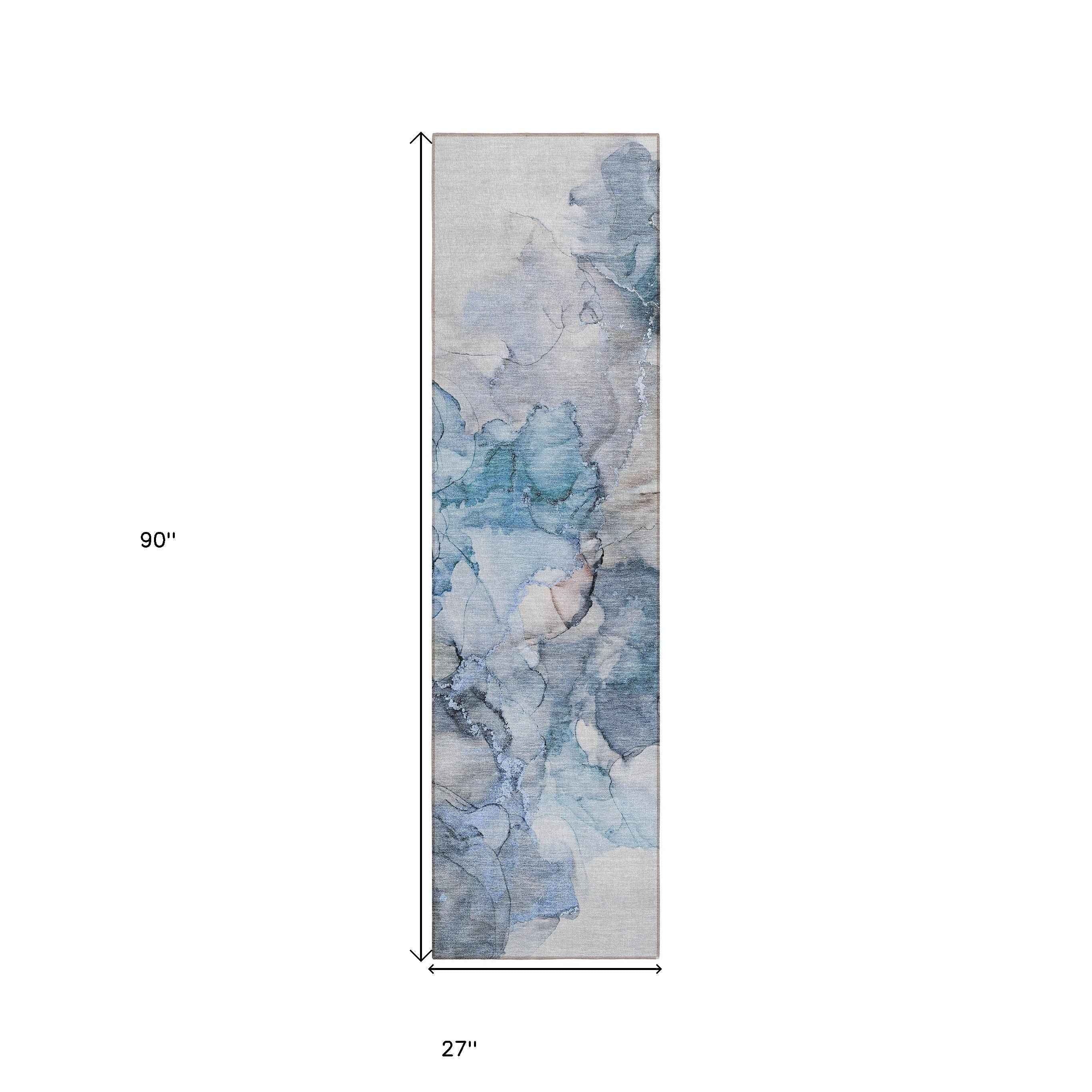 8' Runner Blue and Gray Abstract Washable Non Skid Indoor Outdoor Runner Rug