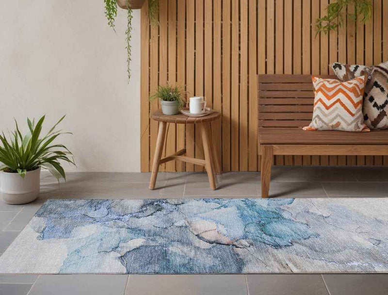 8' Runner Blue and Gray Abstract Washable Non Skid Indoor Outdoor Runner Rug