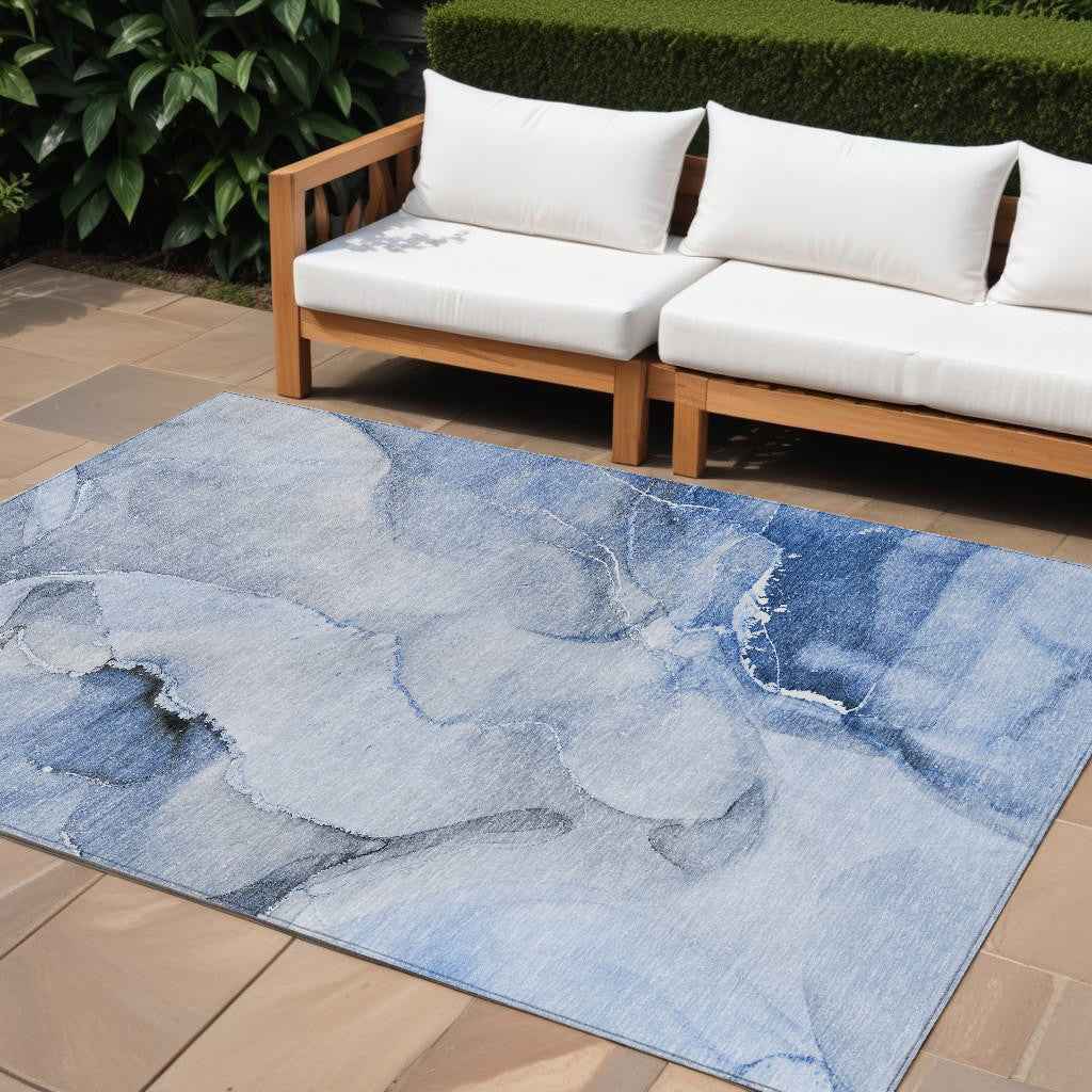 10' X 14' Blue and Gray Abstract Washable Non Skid Indoor Outdoor Area Rug