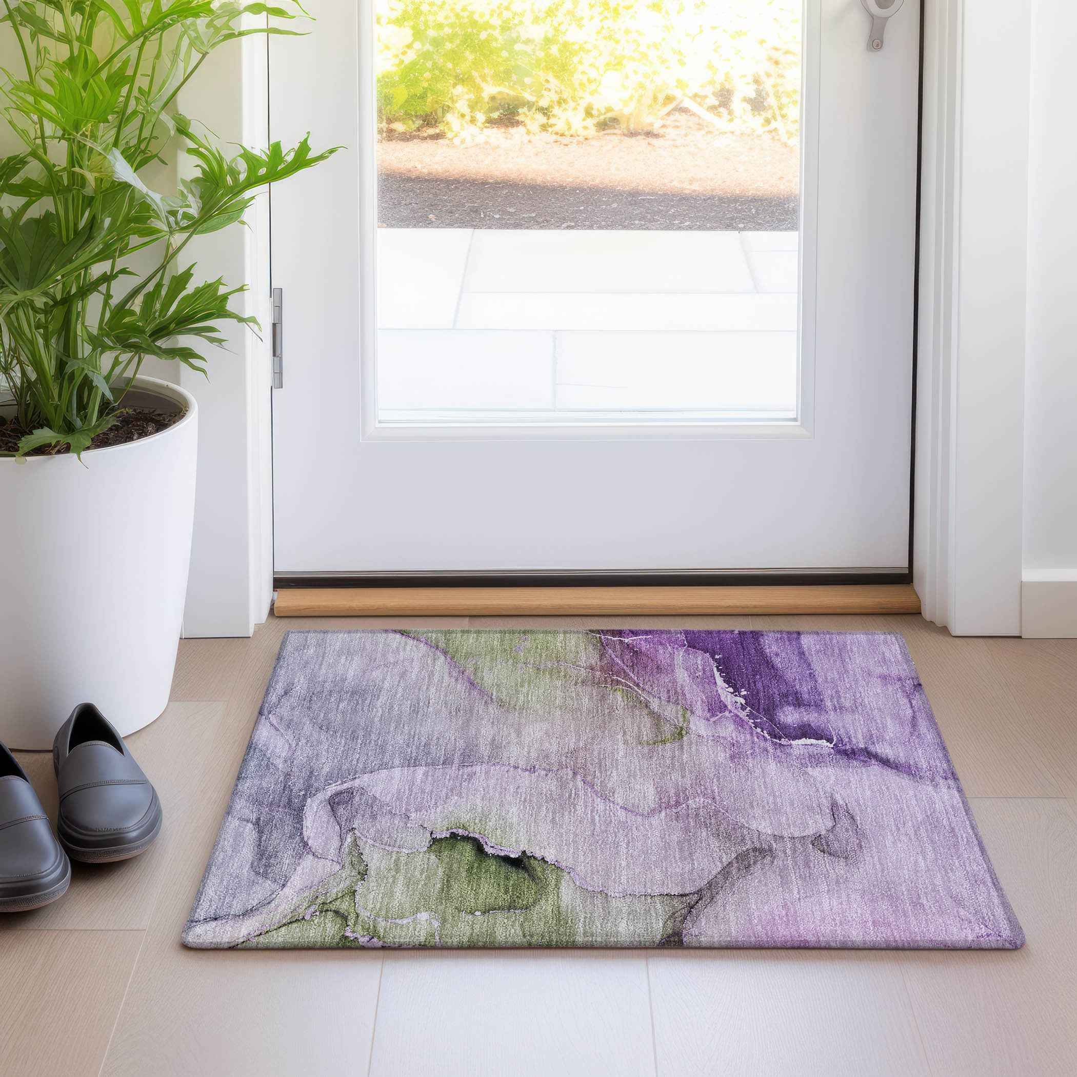 2' X 3' Purple and Green Abstract Washable Indoor Outdoor Area Rug