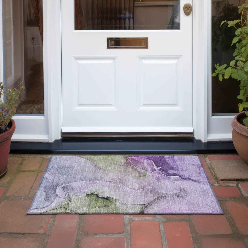 2' X 3' Purple and Green Abstract Washable Indoor Outdoor Area Rug