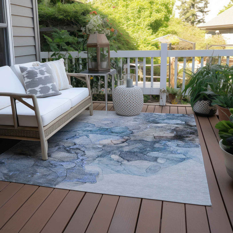10' X 14' Blue And Gray Abstract Washable Indoor Outdoor Area Rug