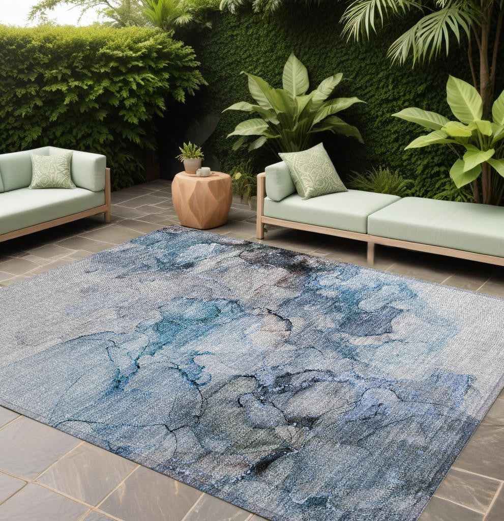 10' X 14' Blue And Gray Abstract Washable Indoor Outdoor Area Rug