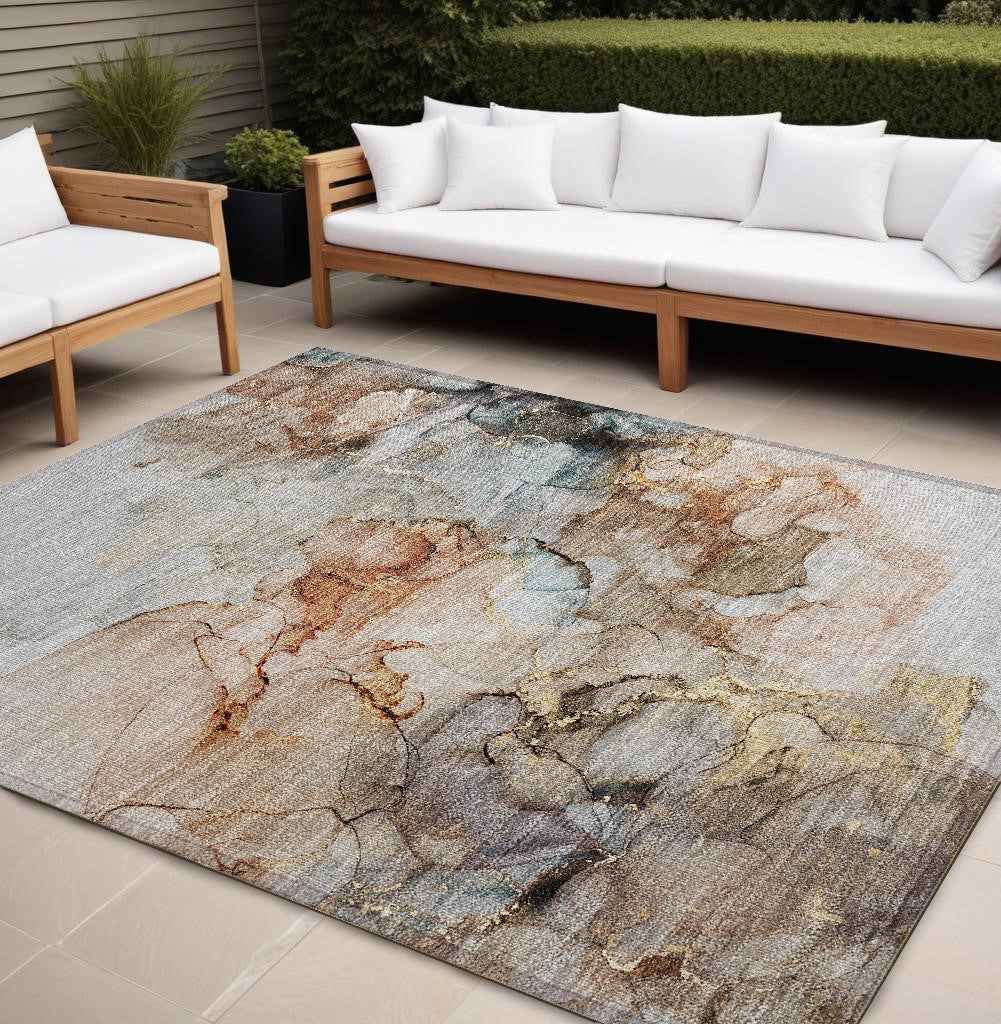 10' X 14' Beige Abstract Washable Non Skid Indoor Outdoor Area Rug