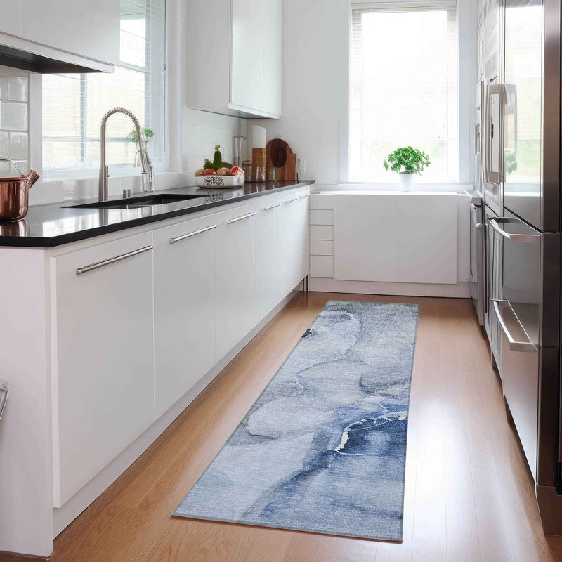 2' X 8' Blue Abstract Washable Indoor Outdoor Runner Rug