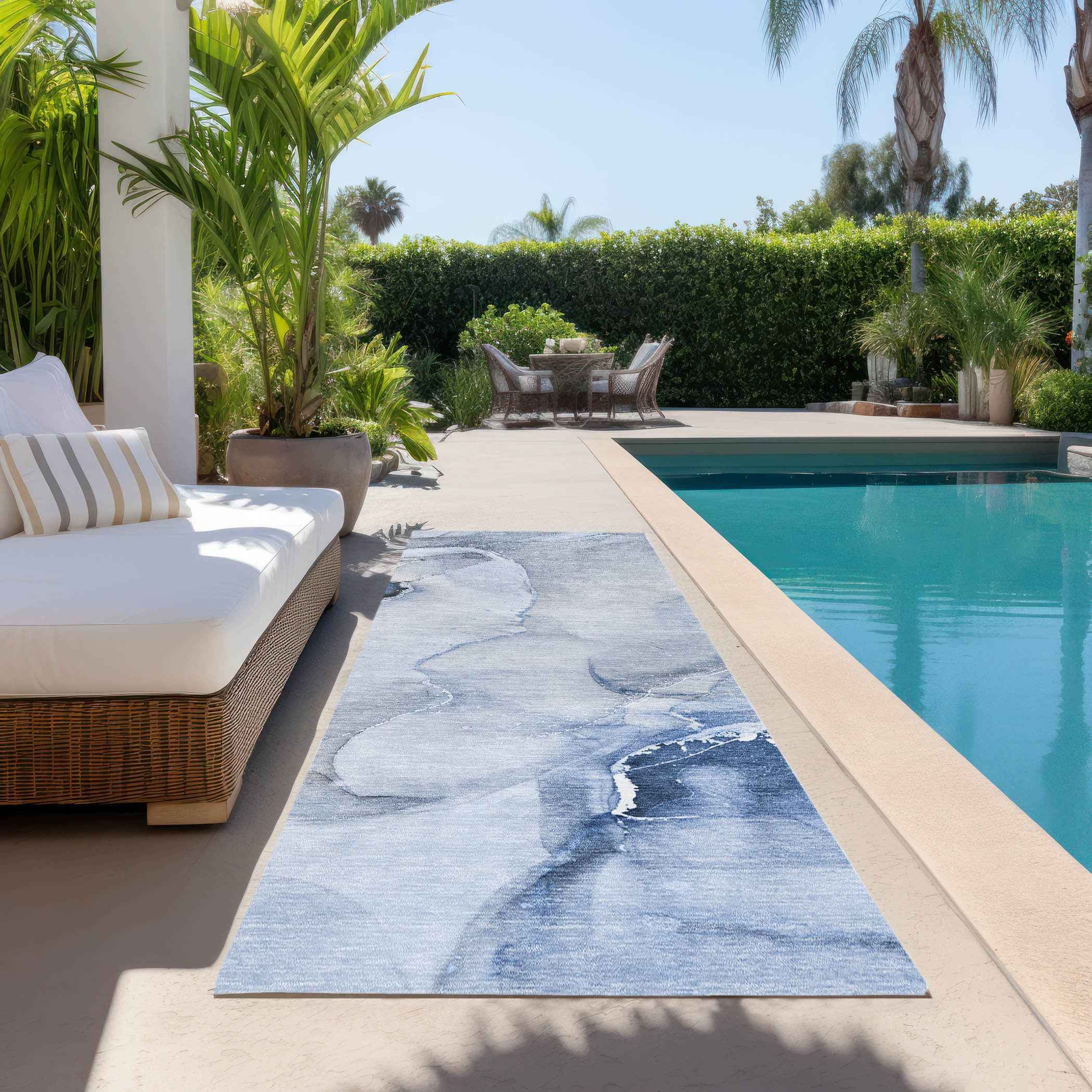 2' X 8' Blue Abstract Washable Indoor Outdoor Runner Rug